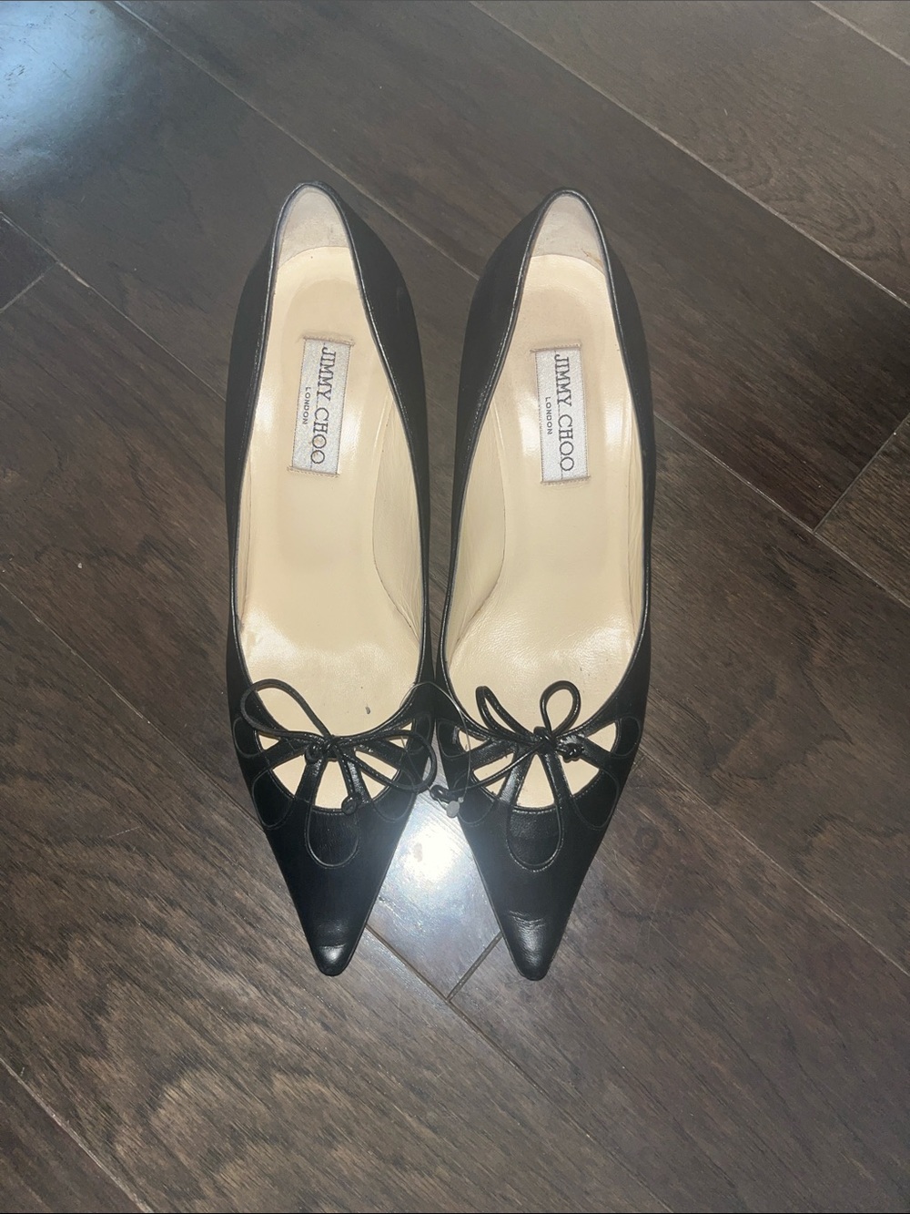 Jimmy Choo Black Pointed Toe Leather Heels with Bow Cutout